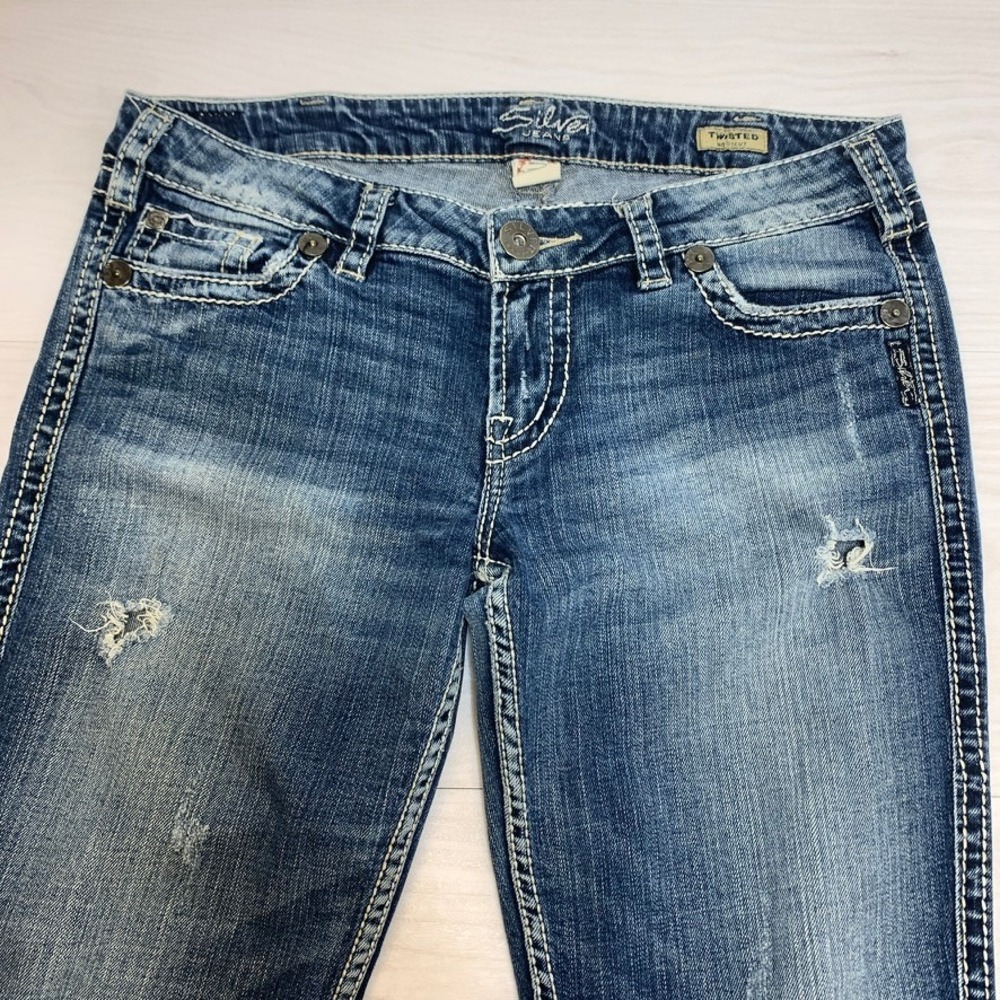 Silver Jeans Womens 30 Twisted Bootcut Blue Cotton Distressed Thick Stitch Denim